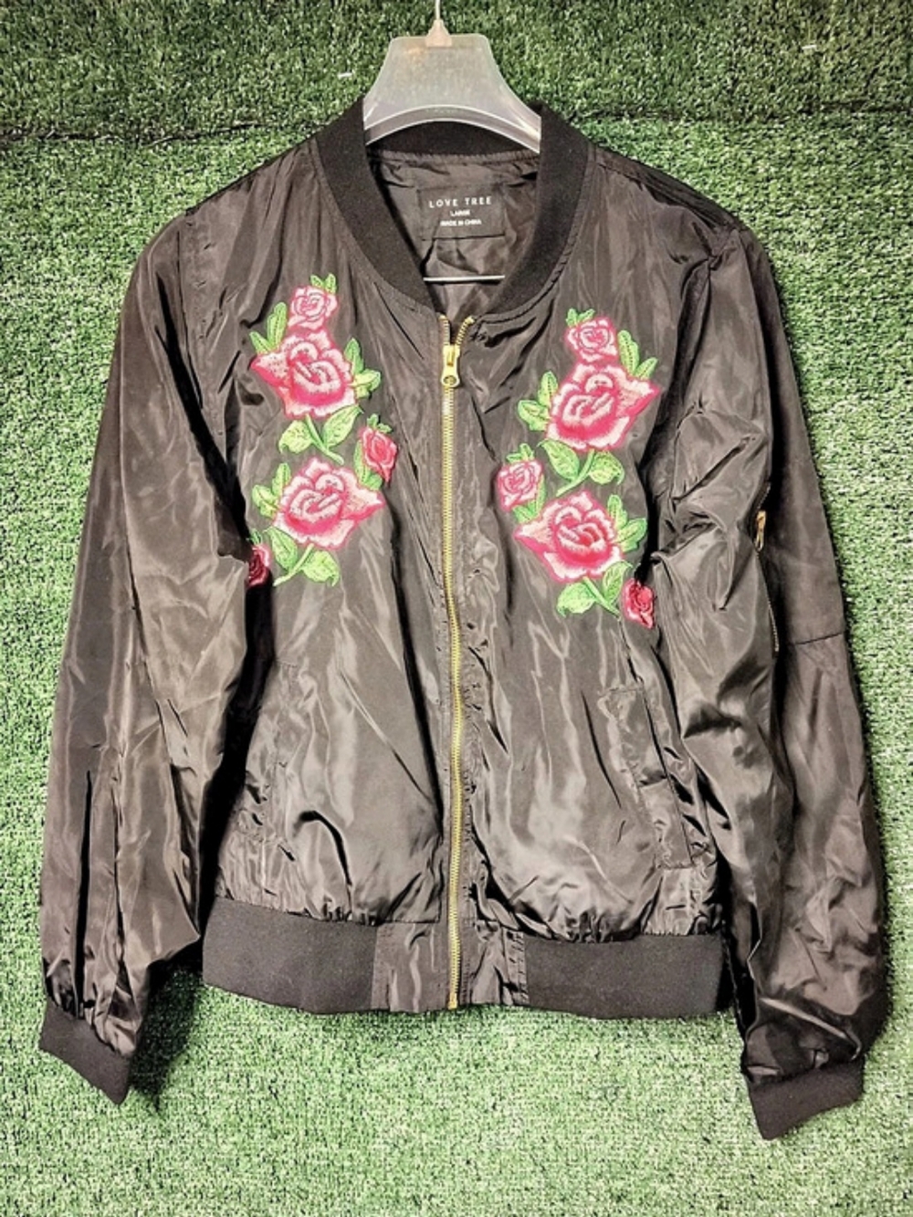Love Tree Rose Embroidered Bomber Jacket Black & Pink Large
